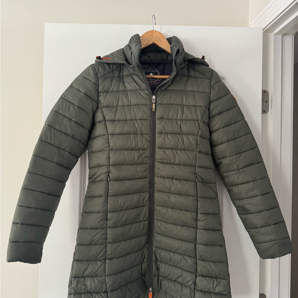 Save The Duck Women’s Green Hooded Parka Ultra Light, Animal-Free, Size 1/S
